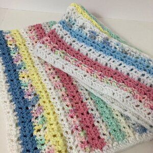 Handmade Crocheted Baby Receiving Blanket Multicolored Pastel & White Stripes 23